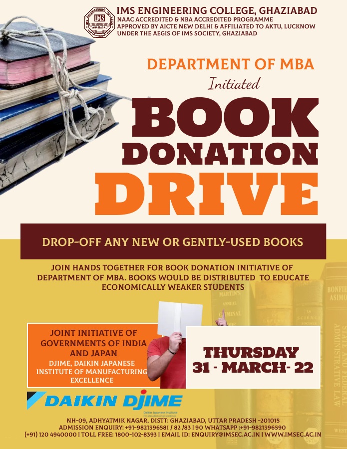 MBA department is organizing the Book Donation Camp with DJIME, Daikin Japanese institute of manufacturing excellence