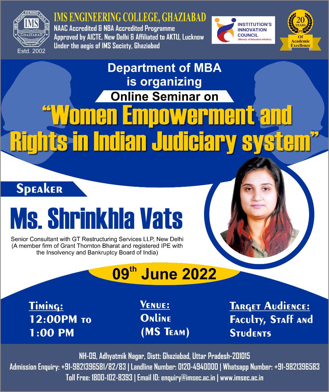 Department of Management organise an Online Seminar on Women Empowerment and Rights in Indian Judiciary system