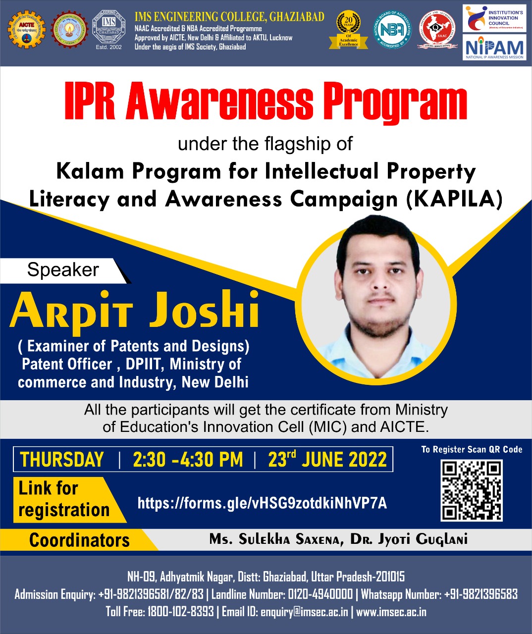 IPR Awareness Program  under the flagship of Kalam Program for Intellectual Property Literacy and Awareness Campaign (KAPILA)