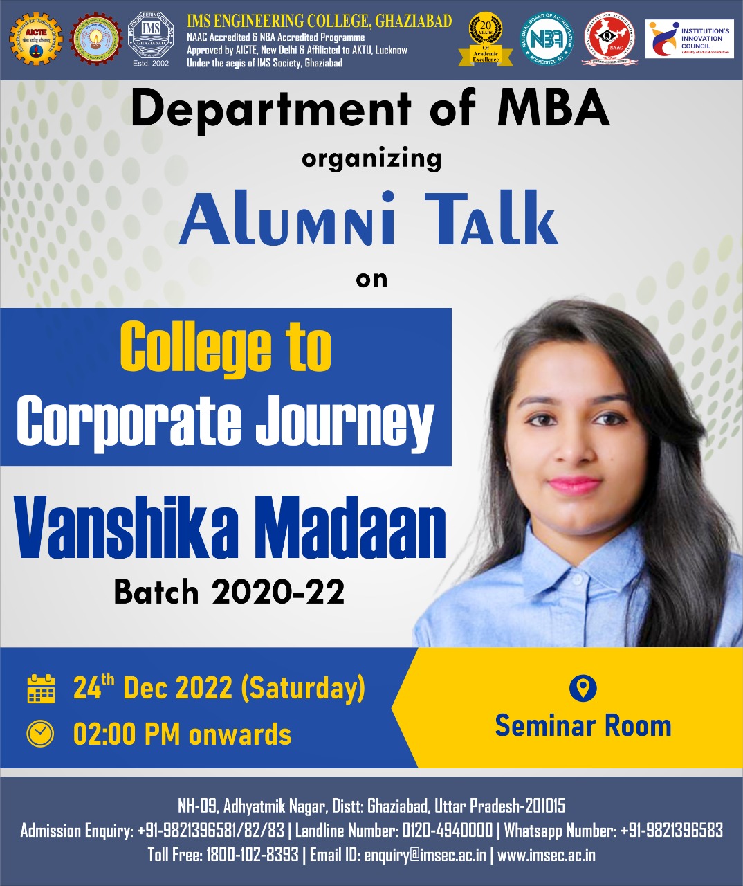 Alumni talk on college to Corporate  journey. Ms. Vanshika Madaan