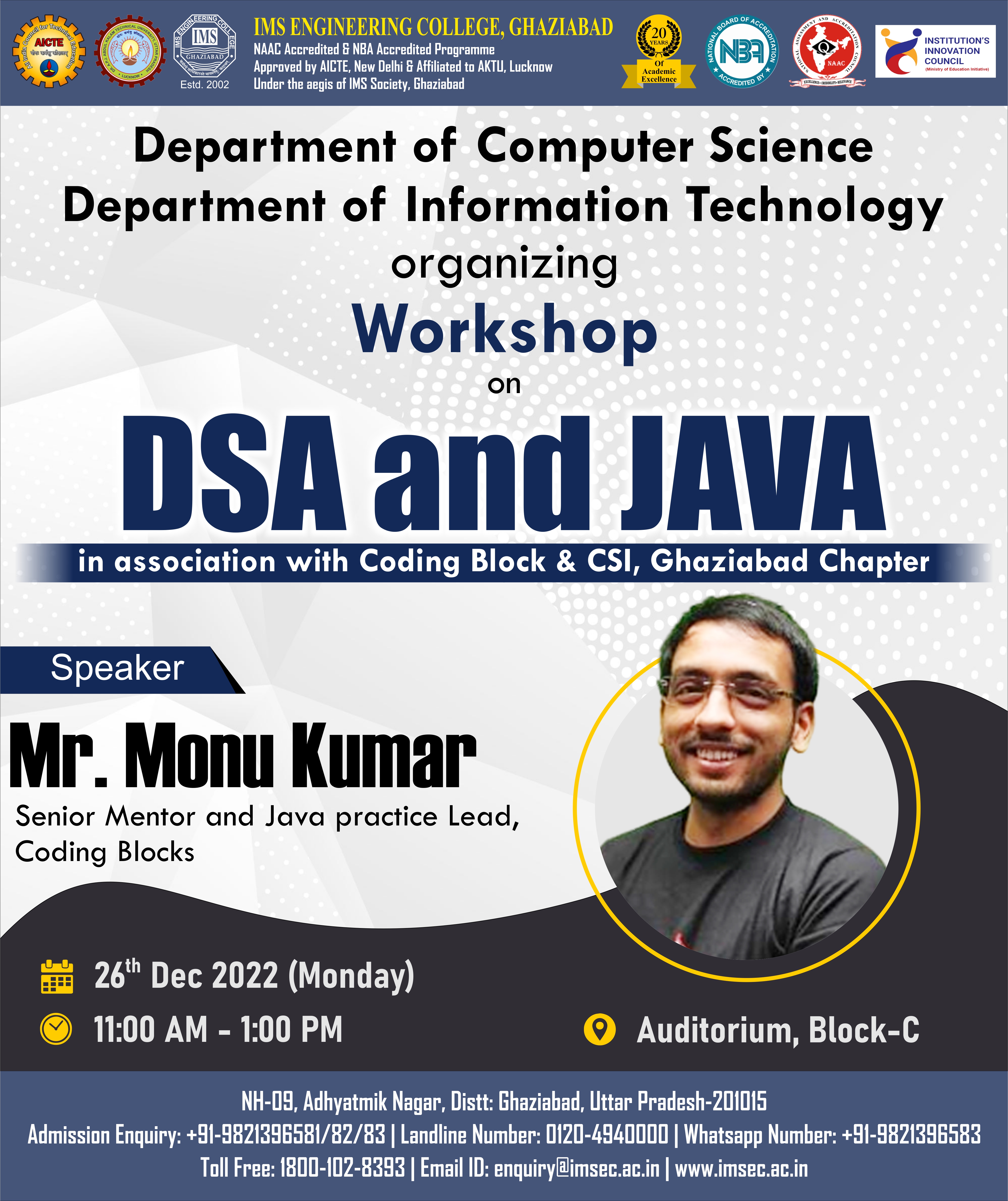 Workshop on DSA and JAVA in association with Coding Blocks and CSI-Ghaziabad Chapter