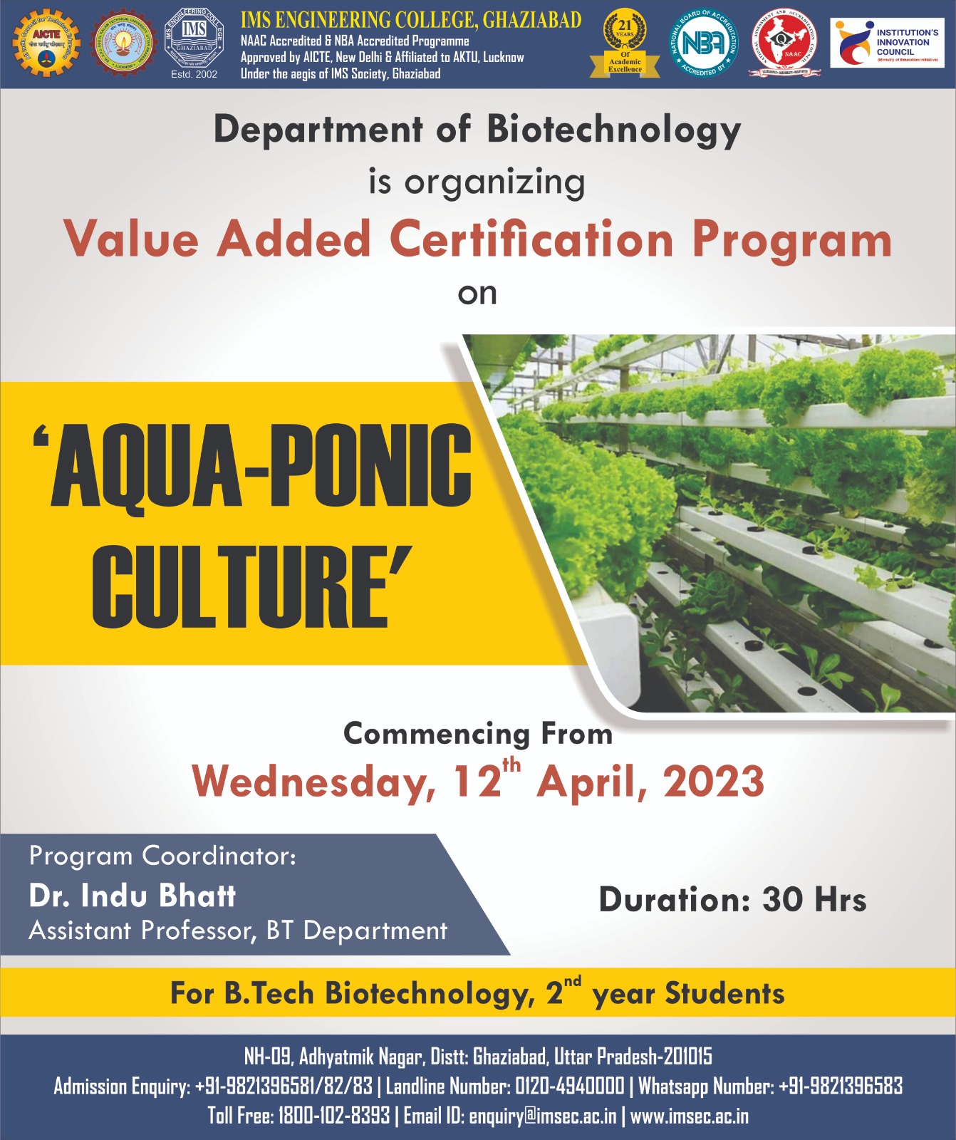 Value Added Certification Program on Aqua-ponic Culture and Microbial Techniques