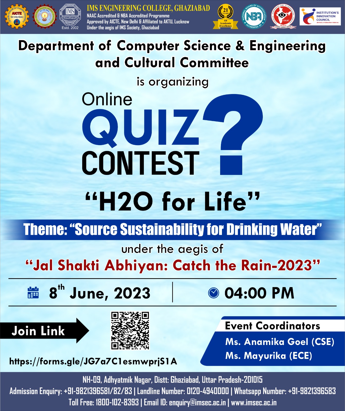 Online Quiz Contest-H2O  for Life Under the aegis of  Jal Shakti Abhiyan Catch the Rain-2023