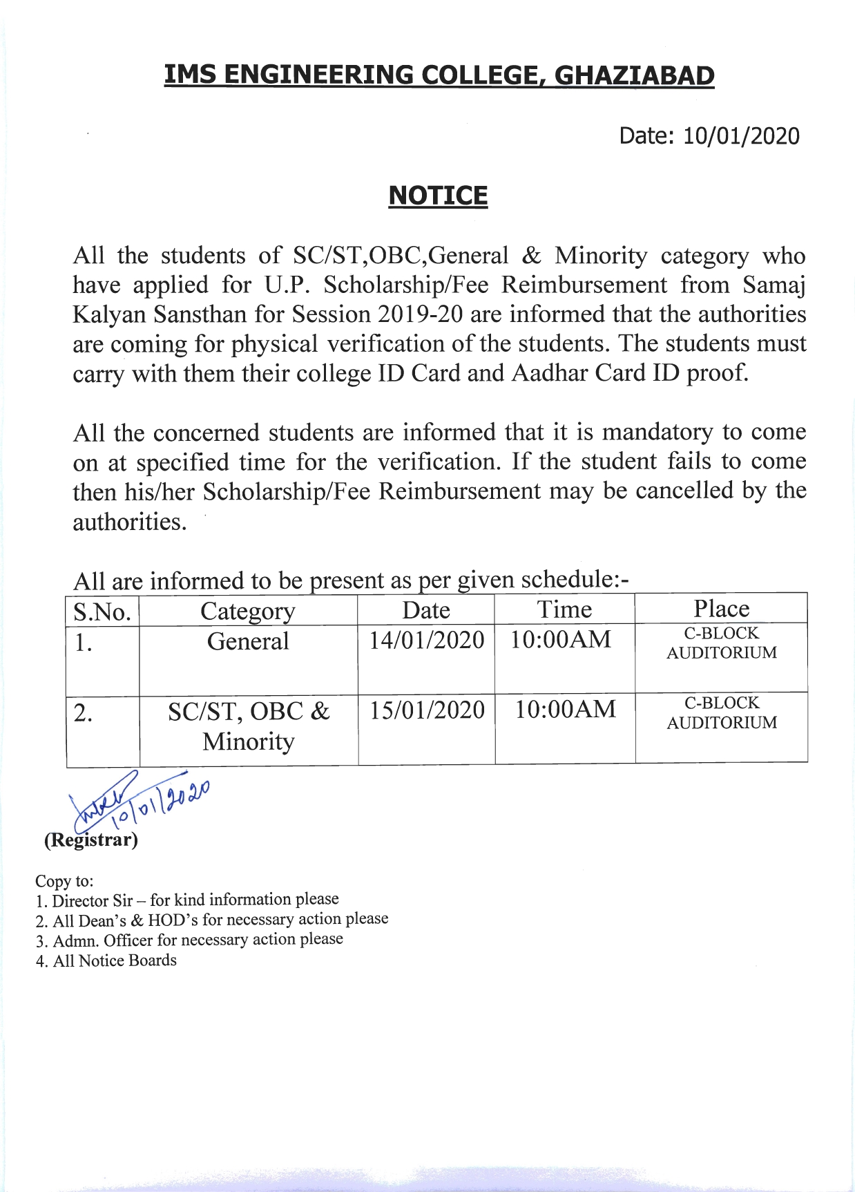 Physical Verification for scholarship -Session 2019-20