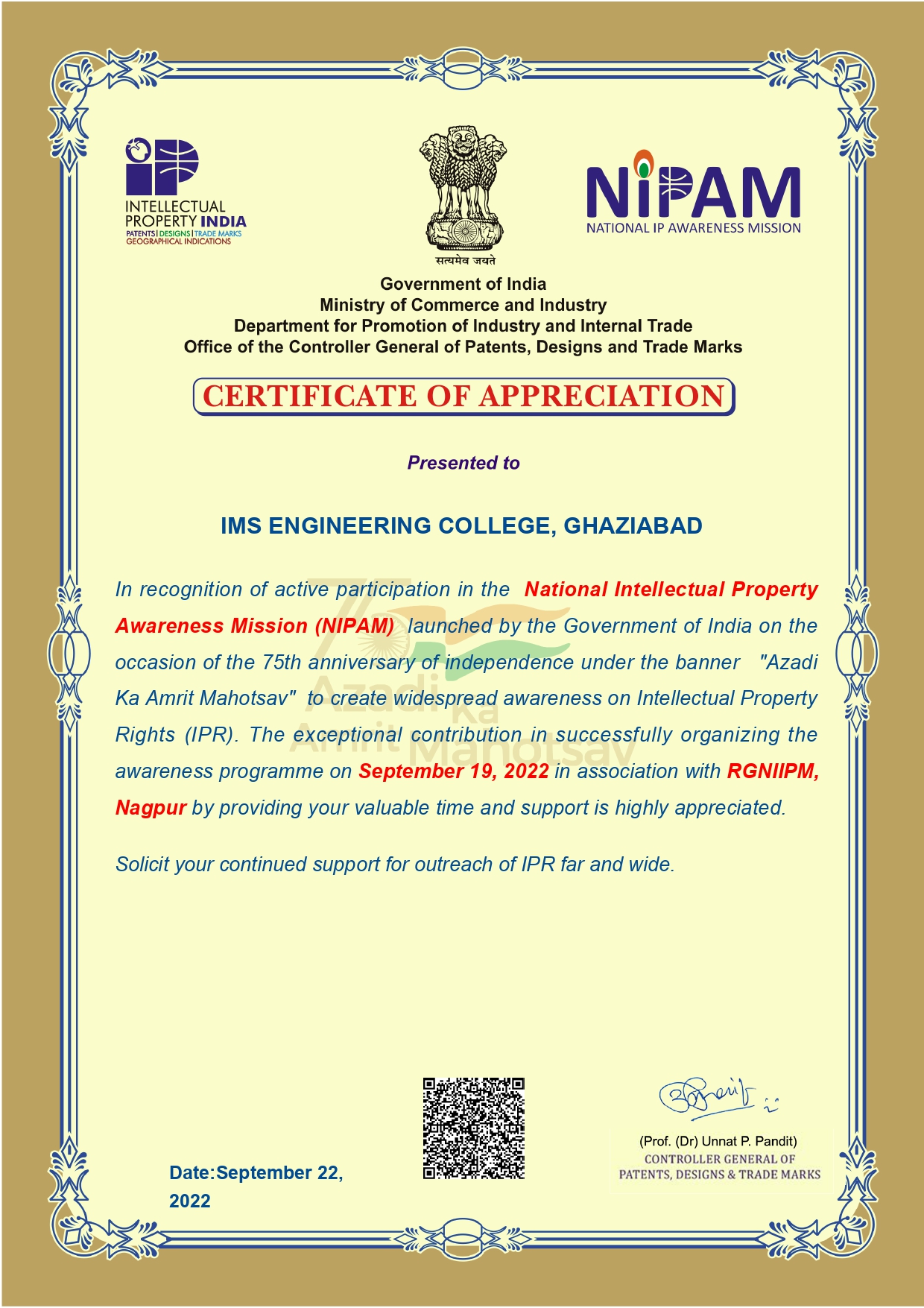 Appreciation Certificate for active participation in the National Intellectual Property Awareness Mission (NIPM)