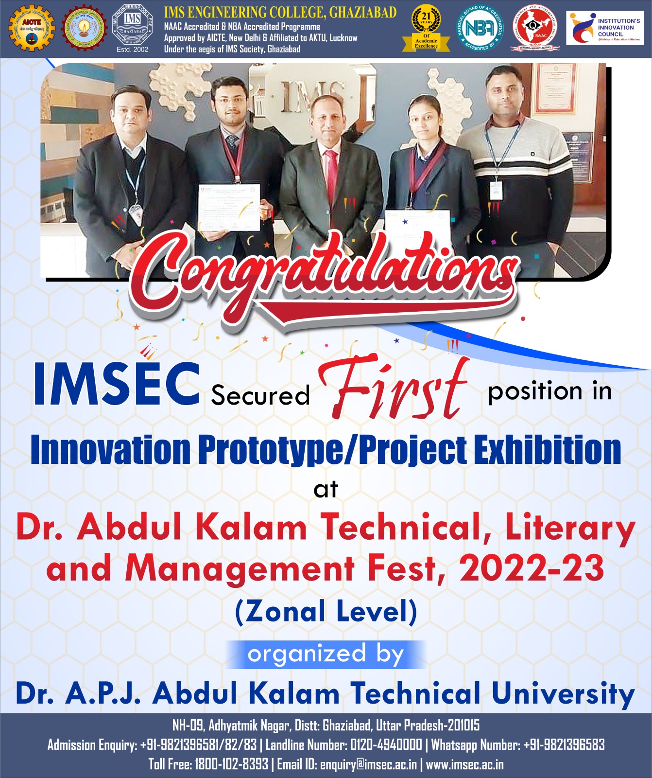IMSEC secured first position in Innovation prototype/ Project Exhibition event at zonal level