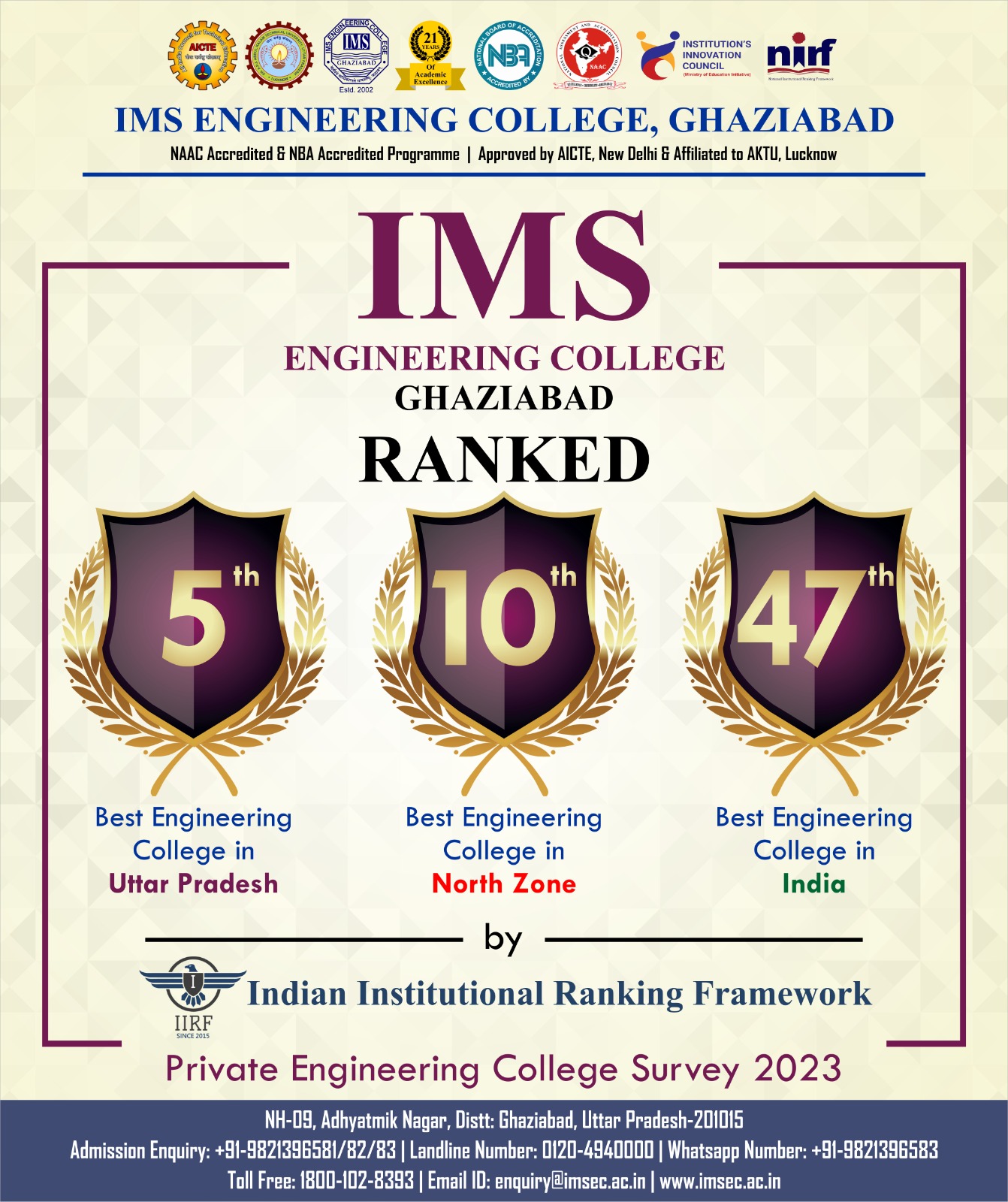 Ranked 5th in U.P., 10th in North Zone and 47 in India as Best Engineering College by Indian Institutional Ranking Framework(IIRF).