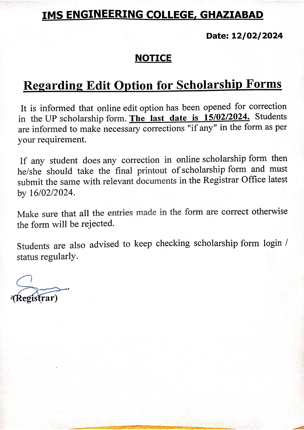  Regarding open edit option -UP Scholarship form (Last date is 15/02/24)